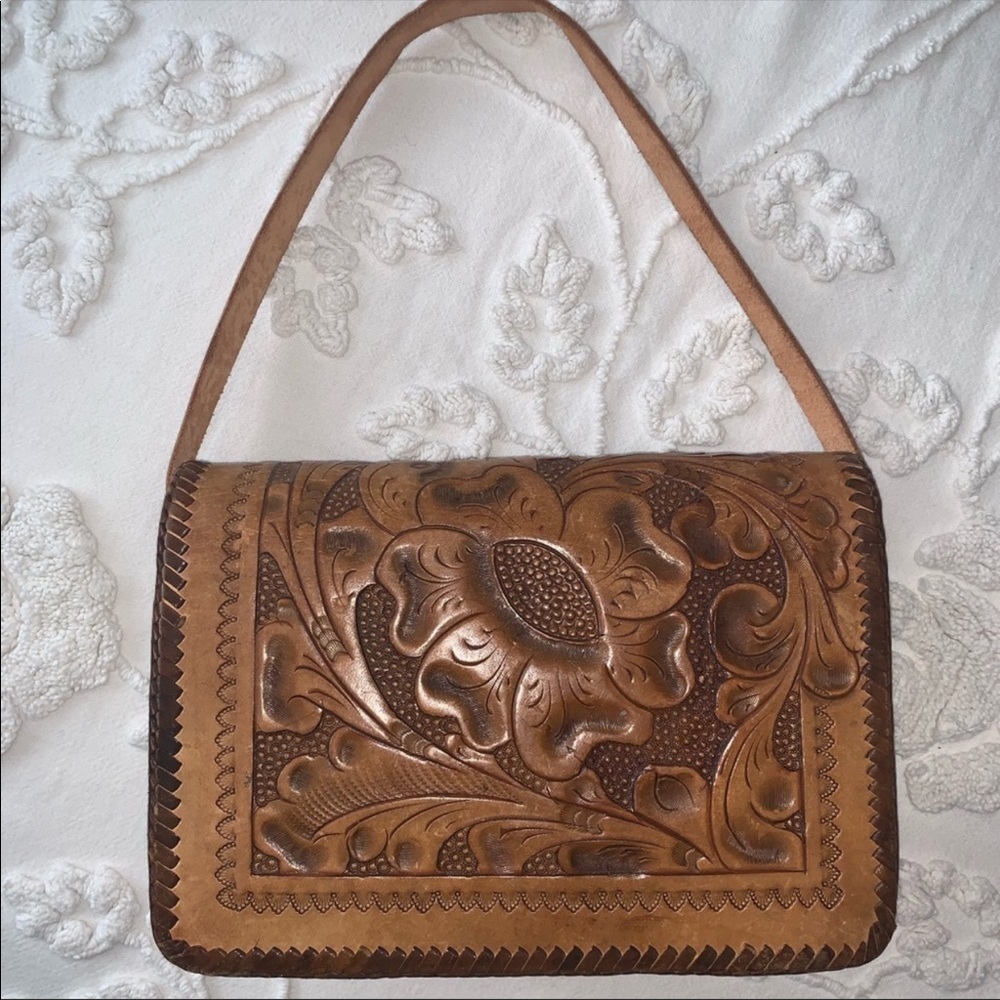 Vintage Tooled Leather Floral Shoulder Bag Turn Lock Closure Braided Accents - Picture 8 of 8